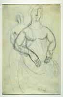 This drawing has sketches of women on both sides of the paper. The front (recto) image shows a seated woman with her hands in her lap and she faces forward. The reverse (verso) side shows another seated woman and also sketches of clothing. On the front, the artist has signed (l.r.) "R Dufy" in pencil.