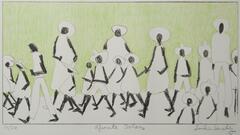 A color print of a large group of people walking.