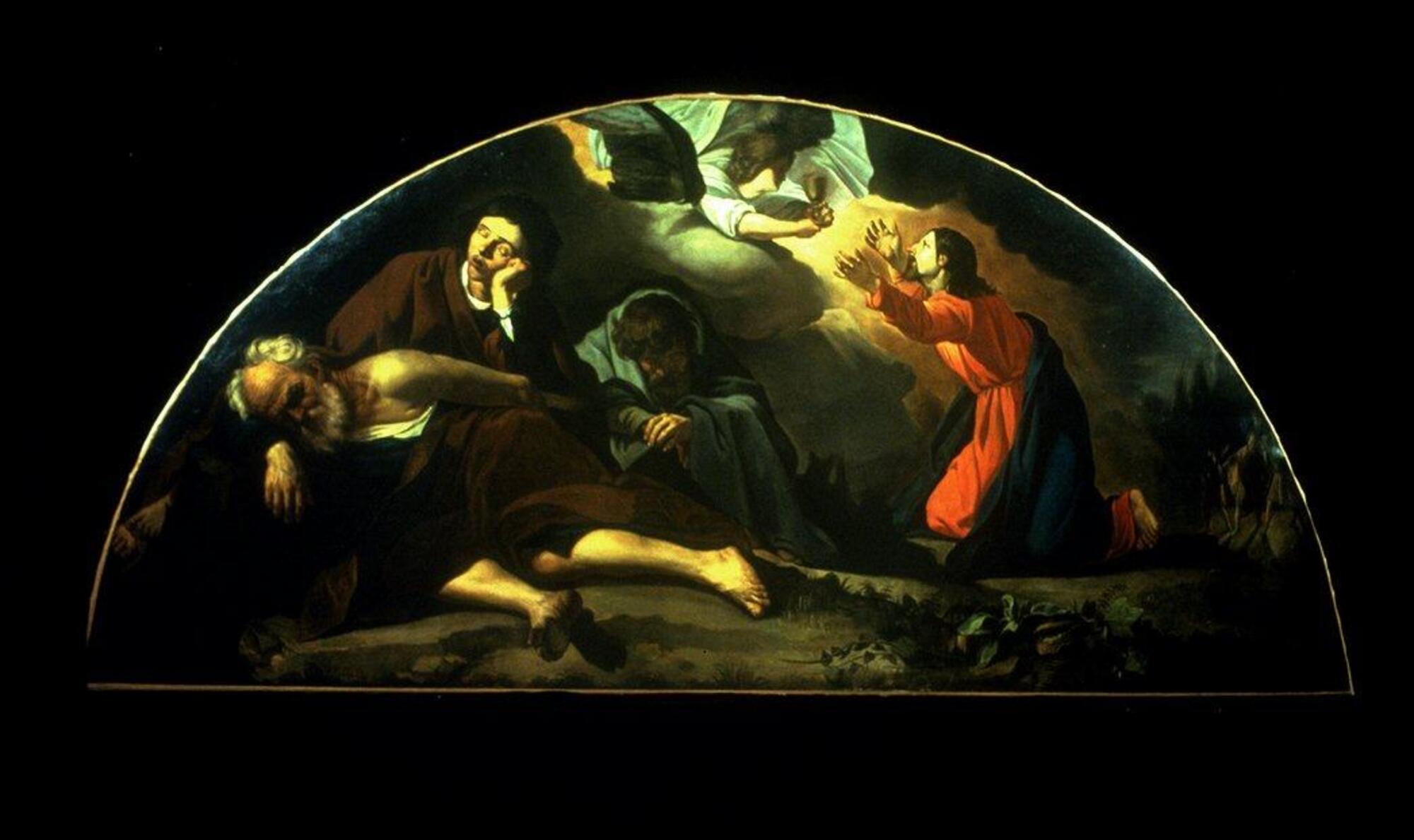 This is a large semi-circular painting (lunette) with several figures arranged to accomodate the shape of the canvas. It is night time, so the scene is enveloped in darkness. In the top center area, there is an angel, surrounded by bright light, who holds out a golden goblet toward a man kneeling before him. This man, with arms outstretched, looks up toward the goblet and the face of the angel. His face is illuminated by the light. He is wearing a bright red robe and a dark blue cloak. In the left foreground, there are three men who are sleeping. Two are sitting on the ground and the third, an elderly man with white hair, is reclining in front of them. They have dark blue and brown cloaks wrapped around them. On the lower right, shown in the far distance, is a group of people walking toward the kneeling figure. This scene is painted in dark tones of brown, green, blue and gray, except for the red robe of the kneeling man and areas on faces, arms and legs which are highlighted by a bright light.