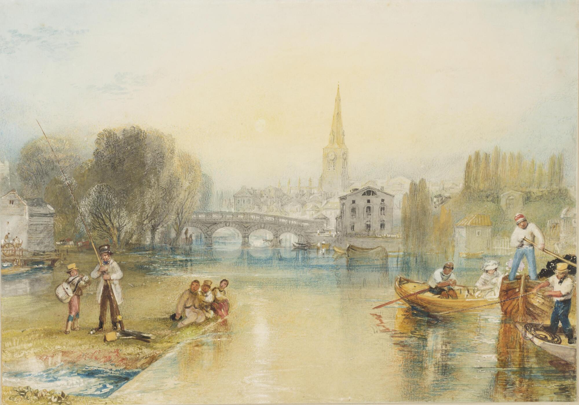 A river cuts through the middle of the composition, leading under a bridge in the background to the rising skyline of a city, with a church spire rising most prominently. In the left foreground, two men prepare to fish; in the right foreground, several boats are about to collide.