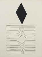 This print has a large horizontally-oriented diamond in relief with a large vertically-oriented black printed within it. Below there are a series of horizontal lines that are broken and swell, creating another diamond shape. The print is numbered (l.l.) "38/75" and signed (l.r.) "Vasarely-" in pencil.