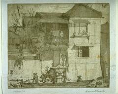 The print depicts a two-story structure on the right and receeding back, which has a lower wall to the left. There are figures in a long row boat in the foreground and a series of standing and laying nude women on the stairs in front of the building. Other figures can be seen on the balcony of the building. The print is signed (l.r.) "Bernard Leach" and located and dated (l.l.) "Japan '10" in pencil. 