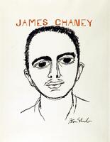 A portrait of James Chaney.  His eyes are enlarged and brows thick.  His hair is made up of many thick brush strokes.  His gaze is centered at the viewer.  Above his head is his name written in brown-orange ink.