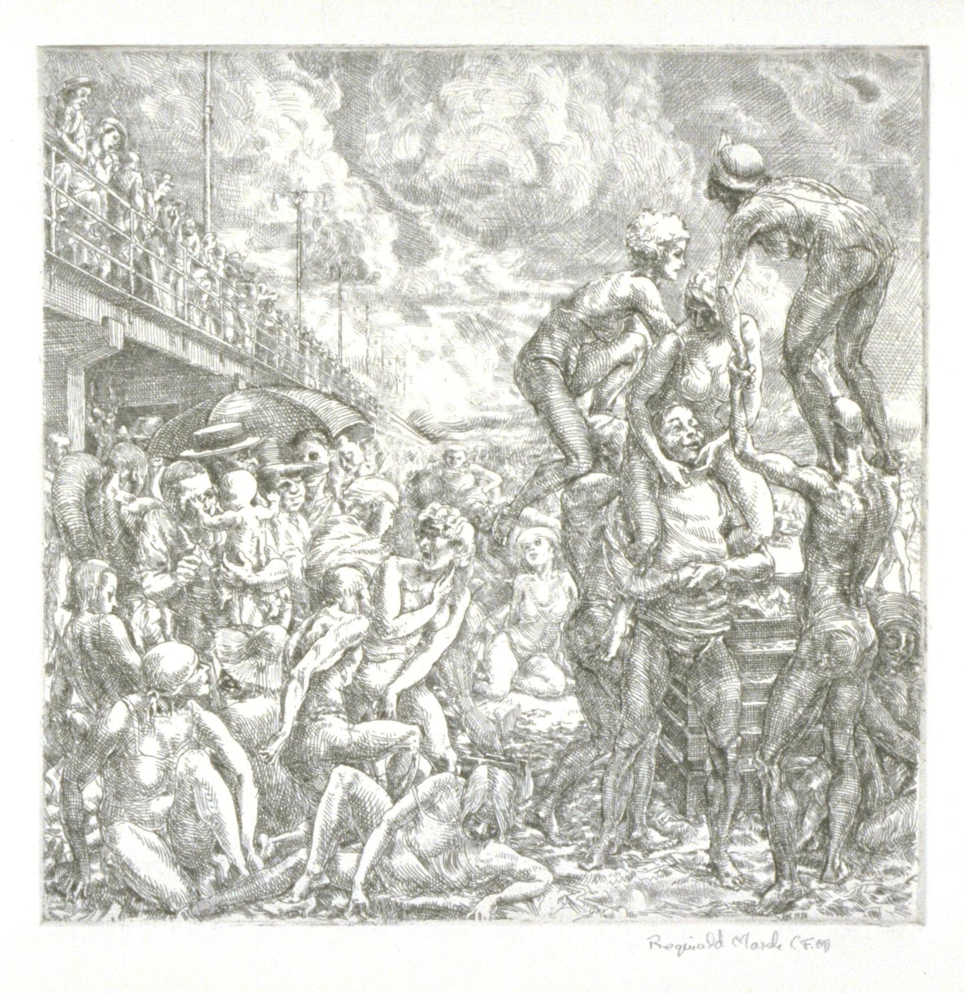 This print shows a festive, large, dense crowd of people at a beach. Some figures on the right side of the print appear to be climbing on top of each other in a human pyramid. To the left is a bridge or boardwalk that is also crowded with people.