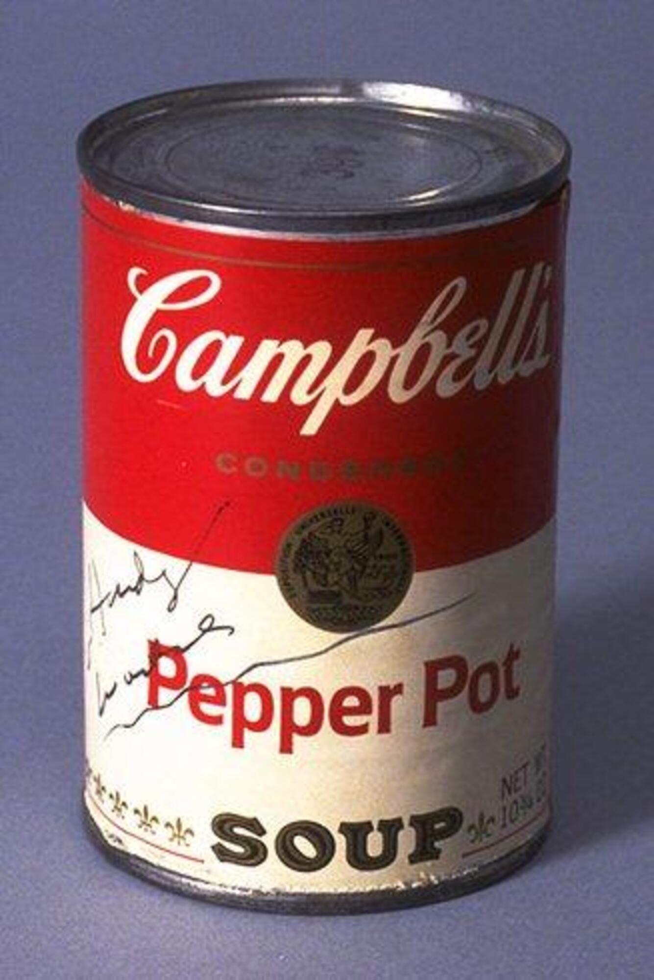 Can of Campbell&rsquo;s Pepper Pot Soup with Andy Warhol&rsquo;s signature in black felt-tip pen on lower left front of can.