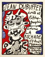 A color print of "JEAN DUBUFFET écrits et lithographies, Galerie LA POCHADE 157 Boulivard 5th Germian, Vermissage le 29 Février 1968." An abstract image of a woman is placed on the left while the text covers the top and right side of the print.