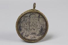 Side A: Etched pendant lined with gilt border with image of two figures, male and female.<br />
Side B: One main figure with a staff surrounded by many figures.