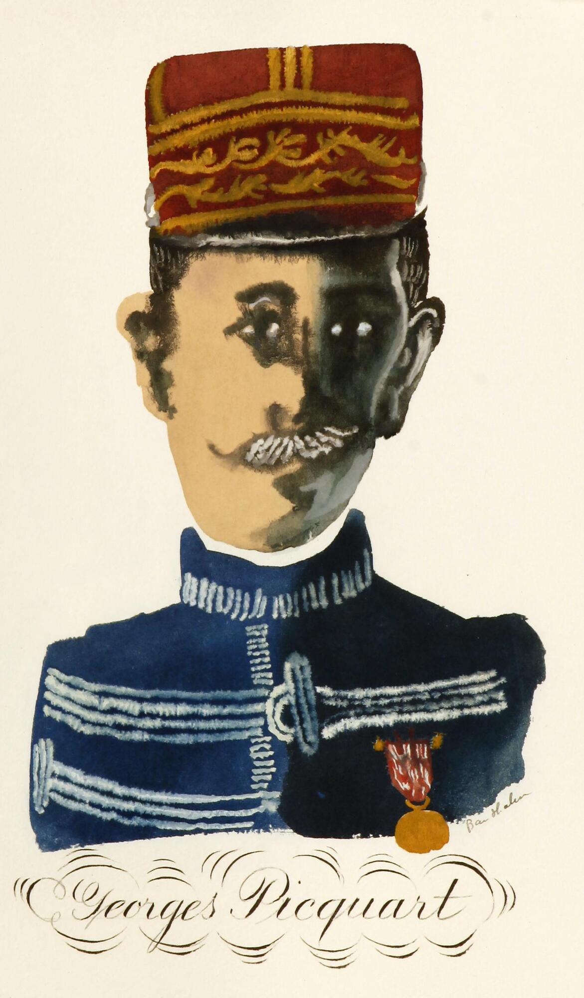 A portrait of a man in decorated uniform.  The man faces the viewer directly, and is painted in bold colors with a watercolor-like effect.  Beneath the portrait reads "Georges Picquart", who was an investigator on the Dreyfus trial.