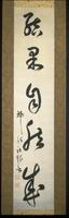 Hanging scroll with five large calligraphic kanji characters. The lower right contains further text and orangish read seals. The background brocade on which it is mounted is green and gold and has a floral design. Two strips of other material lie across the top and bottom of the white material on which teh calligraphy is painted. These strips also have a floral design and a light gold/yellow background.