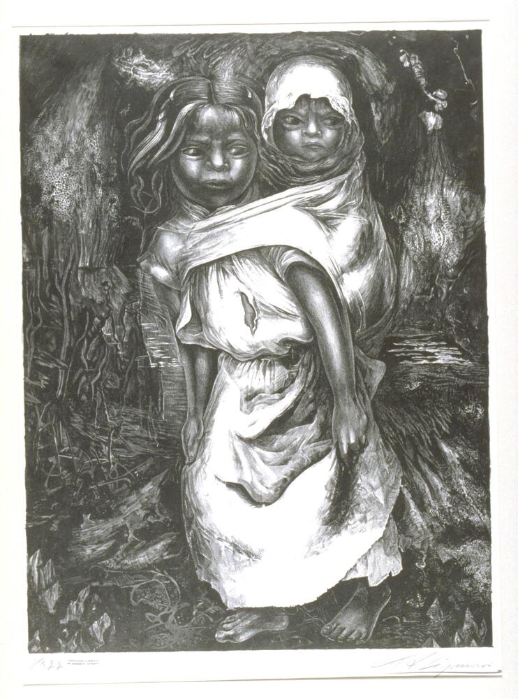 This dark print shows a barefoot young girl dressed in a long white garment with an infant strapped to her back.