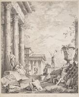 An outdoor scene with classical ruins, people and broken sculptures of people.There are large intact columns on the left side.