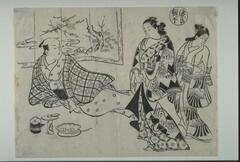 A monochrome print depicting two standing women and a reclining man in a room. The taller woman, a courtesan, wears an elaborate kimono of butterfly design and under-kimono of geometric patterns; her hair is tied on the back, wearing tortoise shell comb and hairpin. She is holding skirts of kimono and under-kimono with her right hand and is hiding her left hand under the kimono. The second woman, an attendant, is standing behind the courtesan, holding a doll of a boy and her face turning away. She wears a plain kimono with pine tree design and obi (sash) with striped patterns. The man is reclining and looking toward the courtesan. They seem to engage in conversation. The man wears kimono with design of coins and short jacket with plaid patterns. His hair is shaved on top and tied on the back. There is a folded screen behind him, depicting a plum tree by river. In front of him, there are a sake pitcher, sake cup and its stand, and a bowl with food accompanied by a tray and chopsticks. There is a title of the p