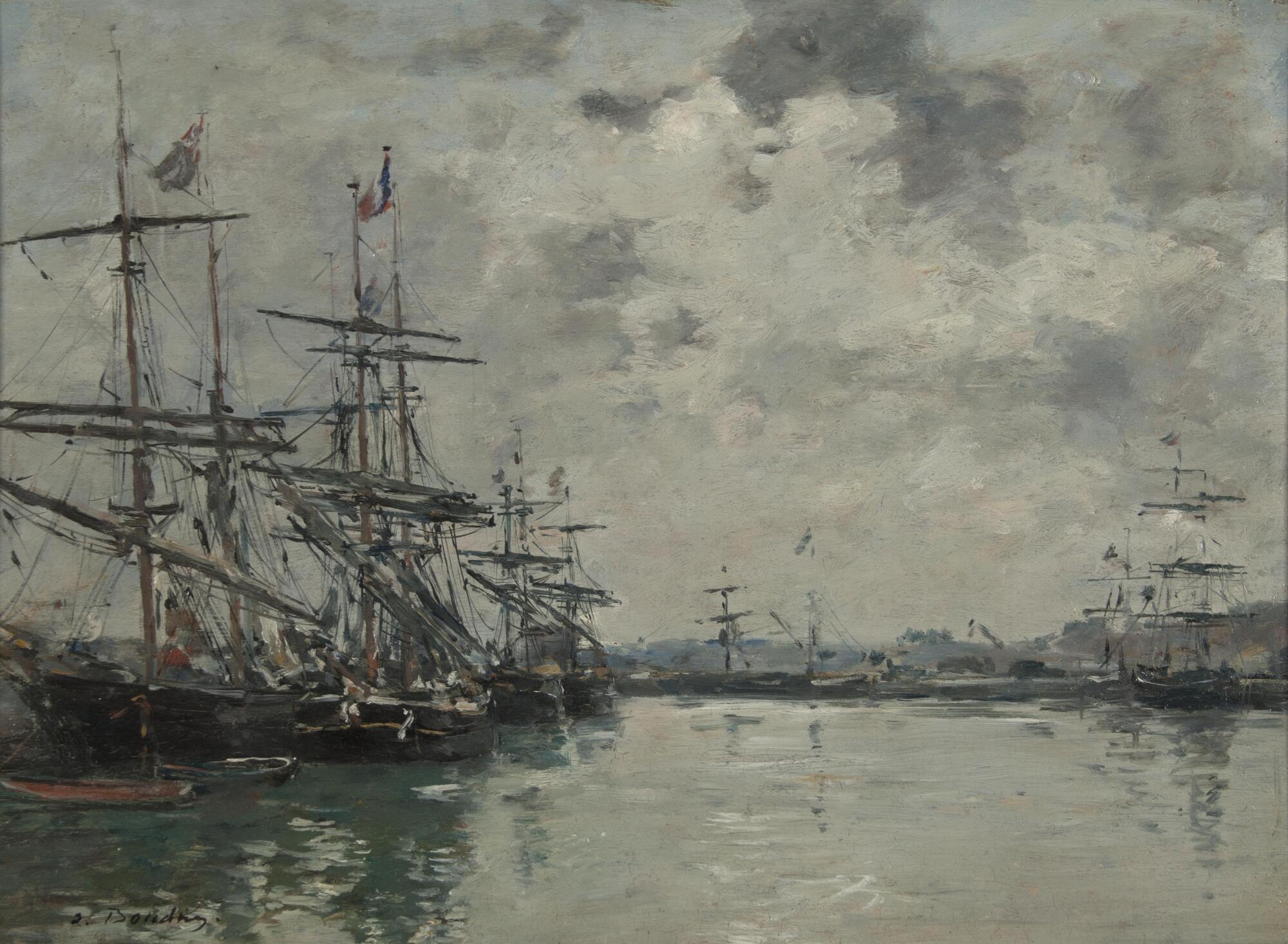 Boats are docked at a seaport under an expanse of cloudy, overcast sky. The horizon line is low, and all the vessels are sailboats, with the exception of one dingy on the left hand side. The color palette is dominated by greys, blues, blacks, browns and whites.