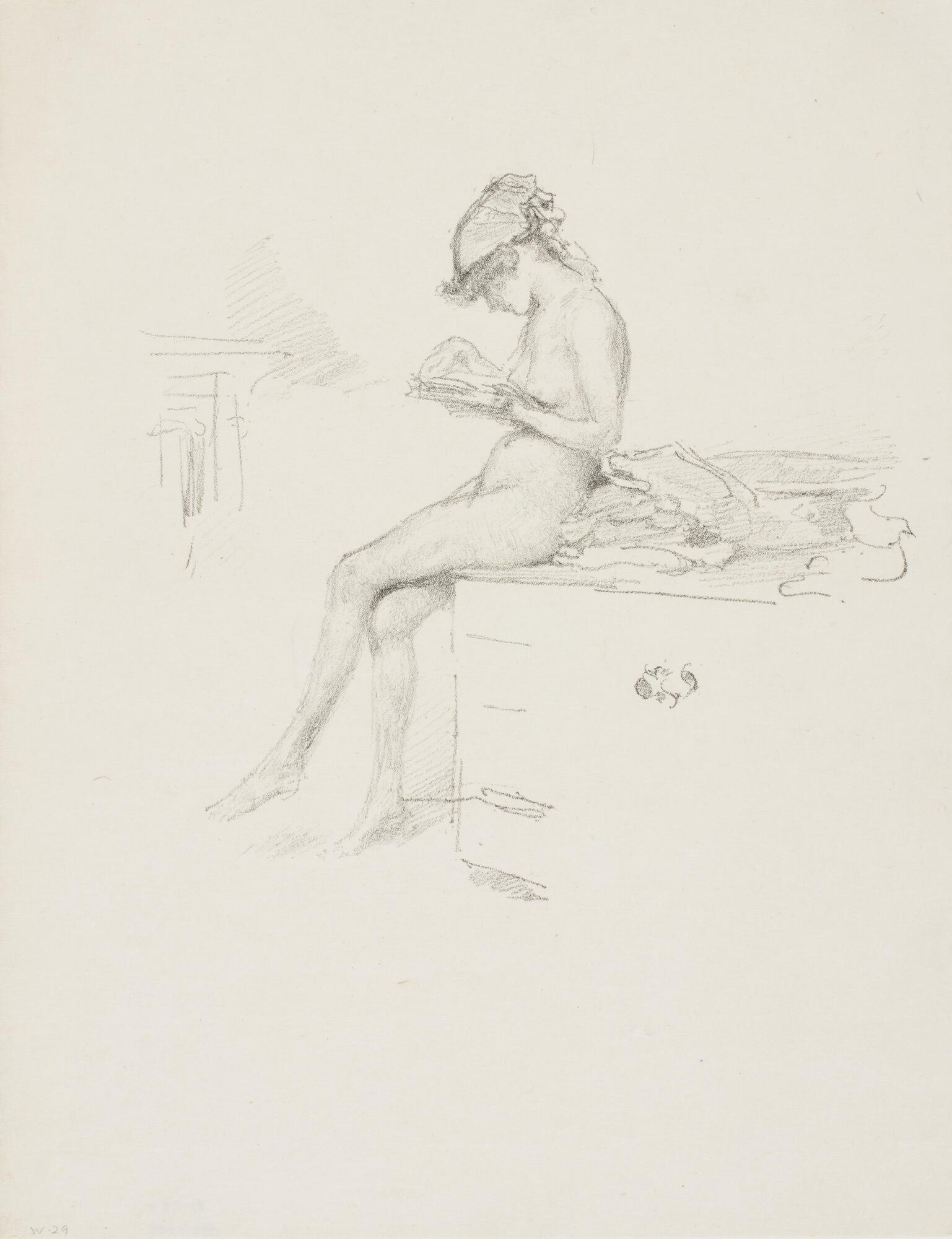 A nude model sits against a cabinet reading. She is shown largely in profile; her head, wraped in a scarf, looks down at the book she holds. She faces left and her left leg is crossed over the right. Behind her on the cabinet are objects including fabric.