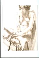 A nude woman sits on a stool, leaning against a wall, with legs crossed on the seat and hands resting on legs. The figure is truncated just above nose.