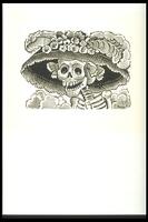 This pring shows the shoulders and skull of a skeleton wearing a wide brimmed hat adorned with plumes and decorative objects. 