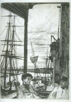 Two men smoking long-stem pipes are seen sitting on a balcony. Behind them are visible the masts of ships along the bank, and further behind them in the distance a river sweeps towards the left. Buildings crowd the shore and boats are shown moored or in the river.