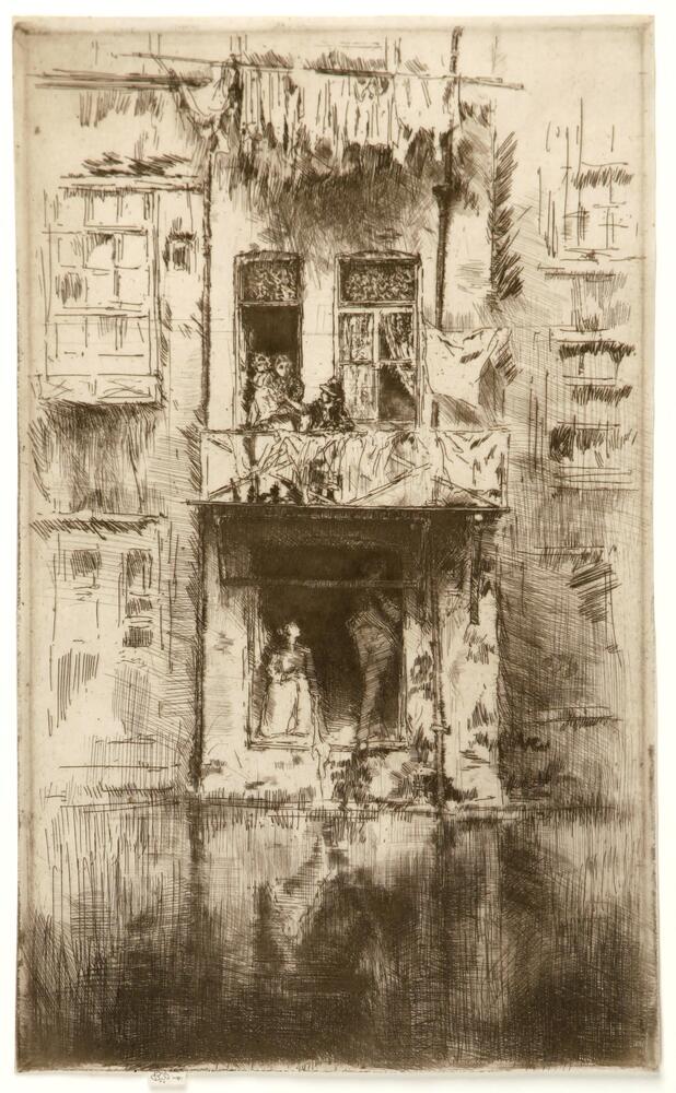 A two-story building fronting onto a canal is shown in this print. Three figures are gathered on the second floor balcony while a seated woman and standing man are visible at the water door below the balcony. At the top of the image hanging cloth (possibly laundry) creates a kind of canopy over the figures on the balcony. Adjacent buildings are only summarily drawn and the emphasis of this image is on the dramatic juxtapositions of the projecting elements, e.g. balcony, laundry, with the shadows cast on other parts of the building and figures and in the reflections in the dark surface of the water.