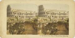 This color stereoscopic image features two images of the Roman Coliseum ruins taking up the top half of the image and brown orange brick ruins taking up the bottom half of the image.<br />