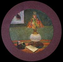 This is a tondo painting with a circular frame that is painted in tones of violet. It is a still-life scene that shows a lamp, resting on a table, set against a green wall. On the wall behind the lamp is a painting, but only the lower right-hand corner is visible due to the sharp curve of the circular format of the painting. On the table, beside the lamp, is a piece of paper and an ink well in the shape of a human figure. The base of the lamp has a curvilinear profile and the pleated shade is painted in bright colors of orange, pink, green and yellow. Both the scene and the frame are painted with short, dot-like brushstrokes.