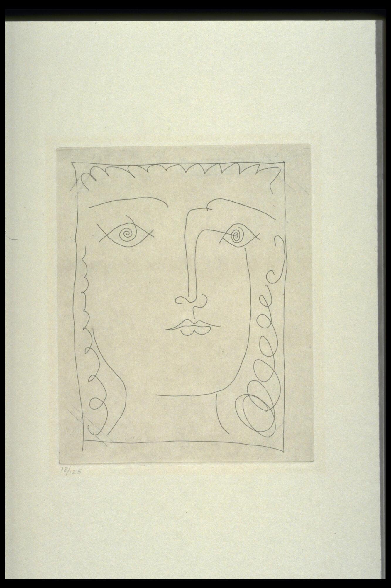 This etching is a line drawing of a girl's face, filling the entire frame. The girl has curly hair. There is a border drawn around her face.