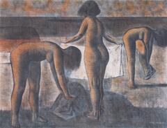 Three nude women, perhaps on a beach, desporting themselves with towels. There are two large figures in the forground, the left most bending and seeming to gather her towel, the central figure—with back to us—holds her towel horizontally. The third figure, slightly in the distance and to the right, leans over to dry her left foot. 