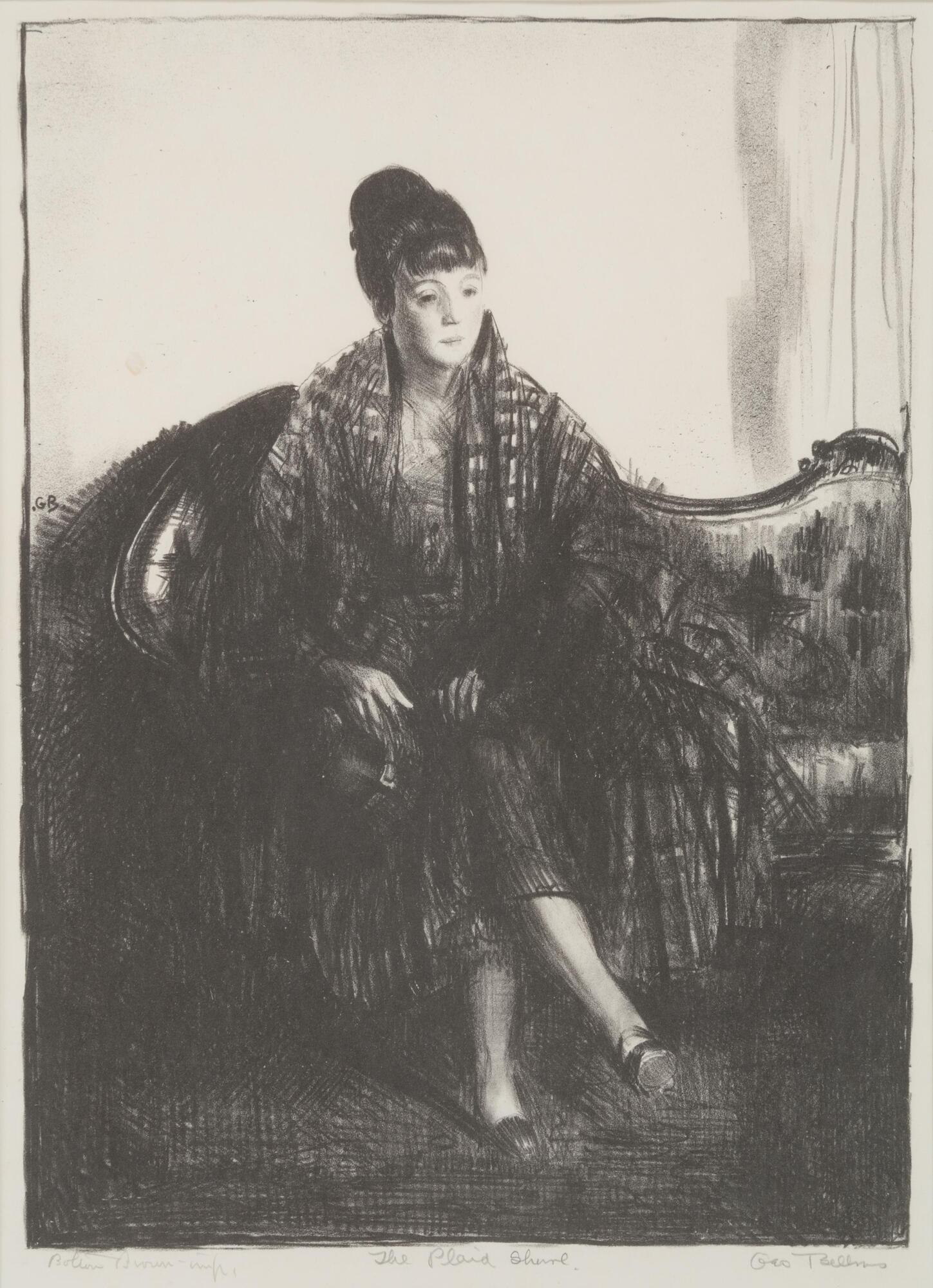 A portrait of a woman seated on a sofa. The figure wears a dress complemented by a plaid shawl around her shoulders. She looks out beyond the pictorial space of the image.