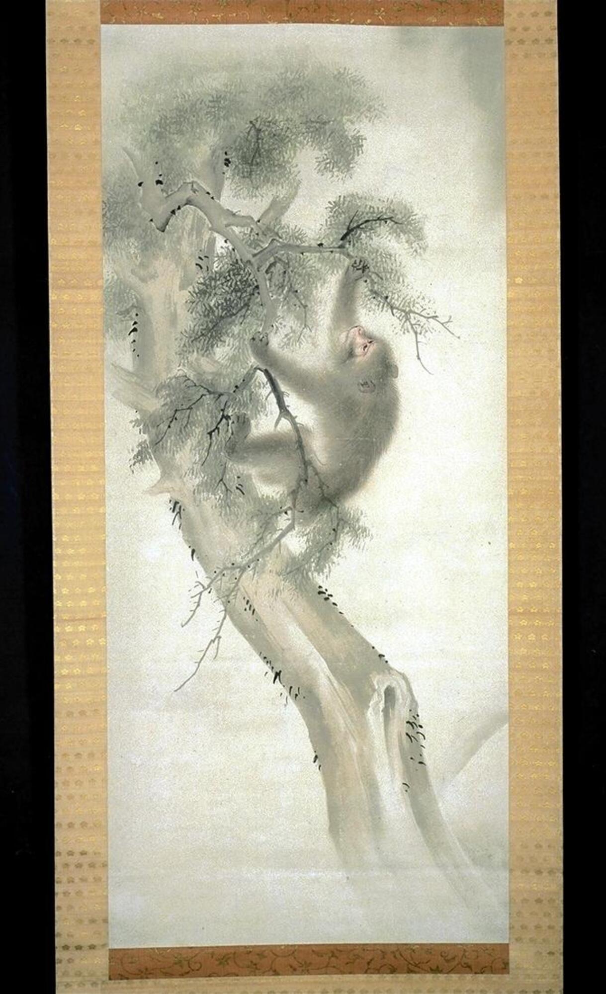 A monkey climbs up a tree, grasping at the branches with his hands and feet. The image uses soft colors, and the monkey almost appears to be leaning or falling away from the tree. The top right corner appears gray. This is a pair with 1986/2.61.1.