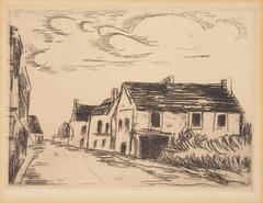 A row of houses on the right hand side, all with side gables facing the street. There are swirled clouds above and a road leading off into the distance.