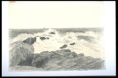 Waves crashing over rocks; a boat is visible in the background. <br /><br />
Eva Caston 2017
