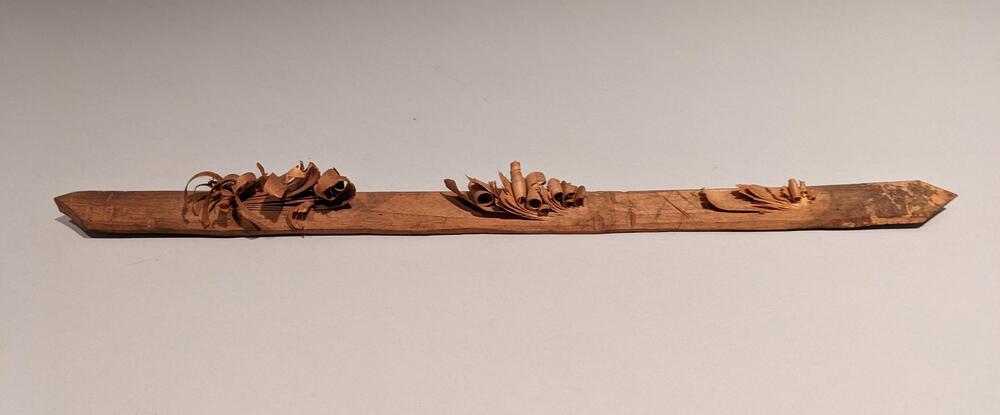 A flat wooden stick coming to a point at each end. At each end as well as the middle of the stick, there are patches of thinly curled strips of wood.