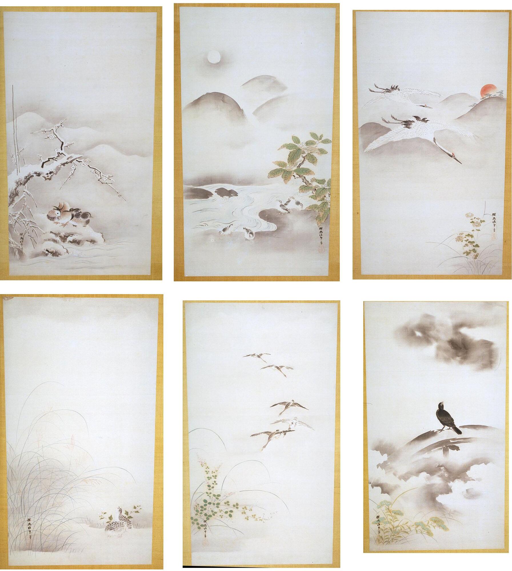 This six-fold screen, a half of a pair, is meant to represent six of the twelve months of the year, with keen attention paid to the birds and flowers associated with each. Although this screen bears Kano Tan&rsquo;yu&rsquo;s signature, it was probably created by his studio or by followers working in this famous artist&rsquo;s style.