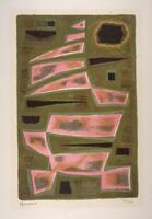 This is an abstract print with pinkish and dark brown rectangles and irregular geometric shapes set against a brown background. 