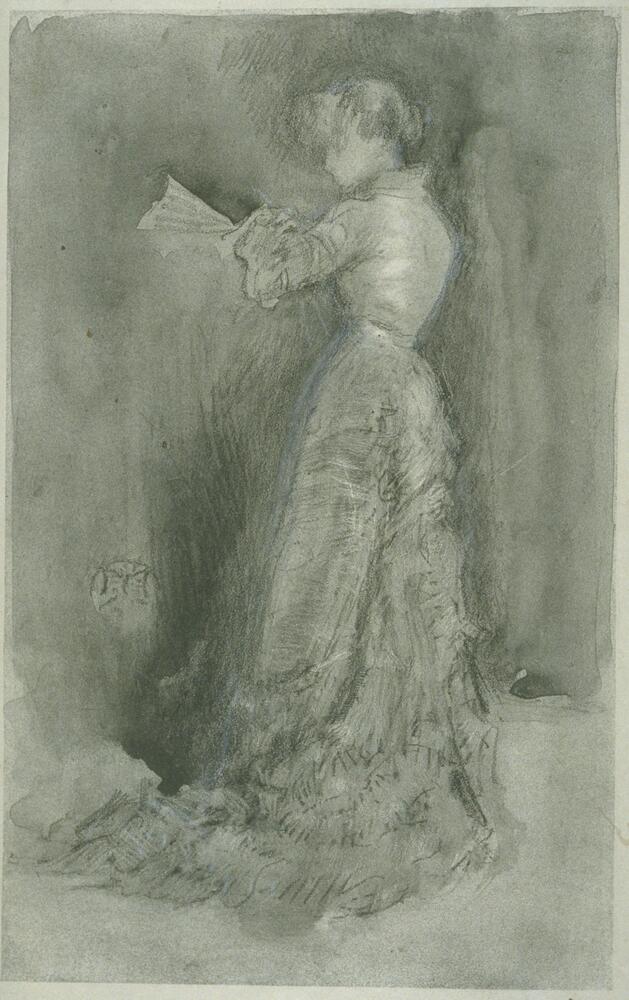 A woman in a dress with long sleeves, a fitted bodice, long skirts, and a train that wraps across the figure to the left, holds a fan and stands against an undifferentiated background. Her figure is turned in a 3/4 pose, although her face is seen in profile.