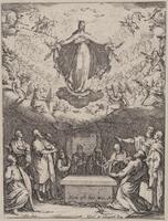 Saints below surrounding a stone pedestal with the inscription &quot;Non est hic. Mat 28&quot;, with the Virgin Mary above in the clouds with arms spread out surrounded by smaller angels. At the bottom edge of the print is engraved (left) &quot;Callot fecit&quot; and (center right) &quot;Israel ex. cum priuil. Reg.&quot;.