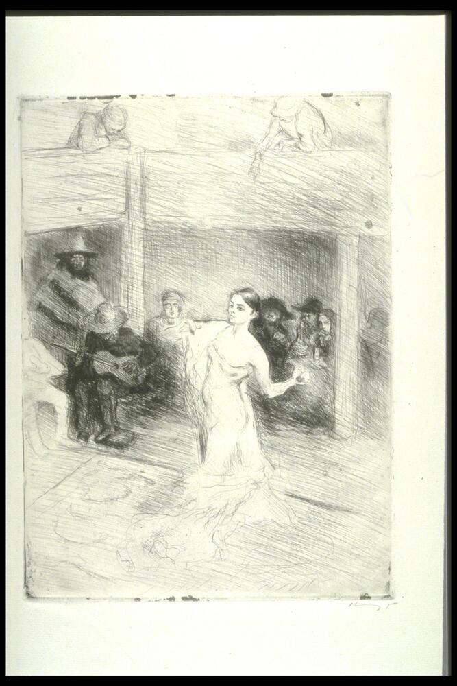 A woman dances in the middle of a room with musicians and observers seated behind her and two standing on a balcony. 