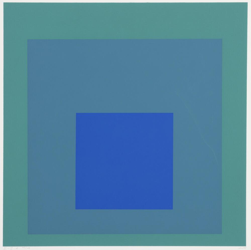 This square screenprint is a color study in green and blue. There are three squares all nestled within eachother, green, turquoise and blue.