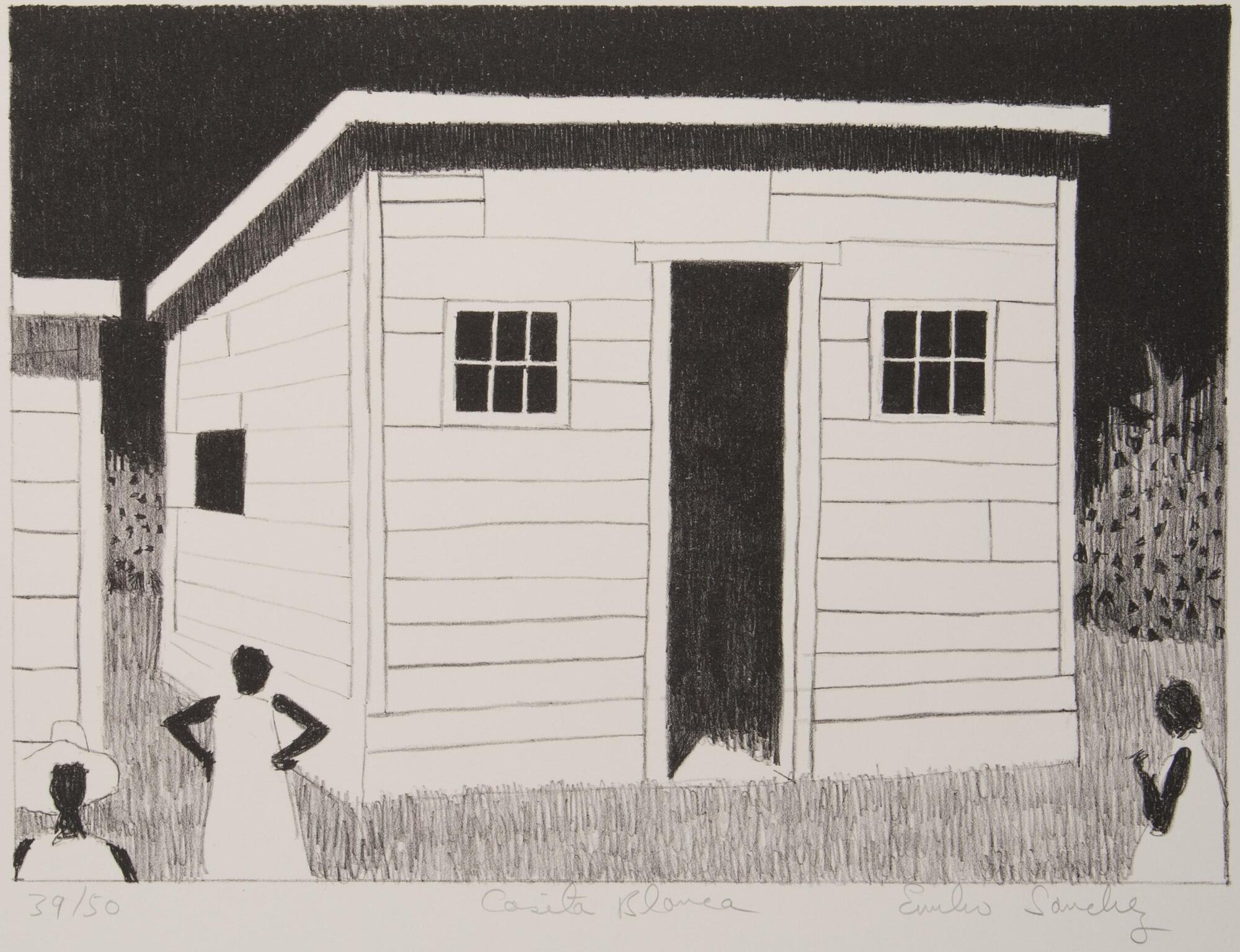 A black and white print of a shed in front of a field. Three people are standing around it.