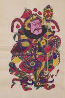 The left panel of an uncut diptych with an unpainted background. A figure is depicted in a brightly-colored robe of red, blue, green, and yellow, with an ornamented staff featuring Chinese characters.&nbsp;The figure has a red face and a large black beard and moustache. He is facing right.&nbsp;&nbsp;