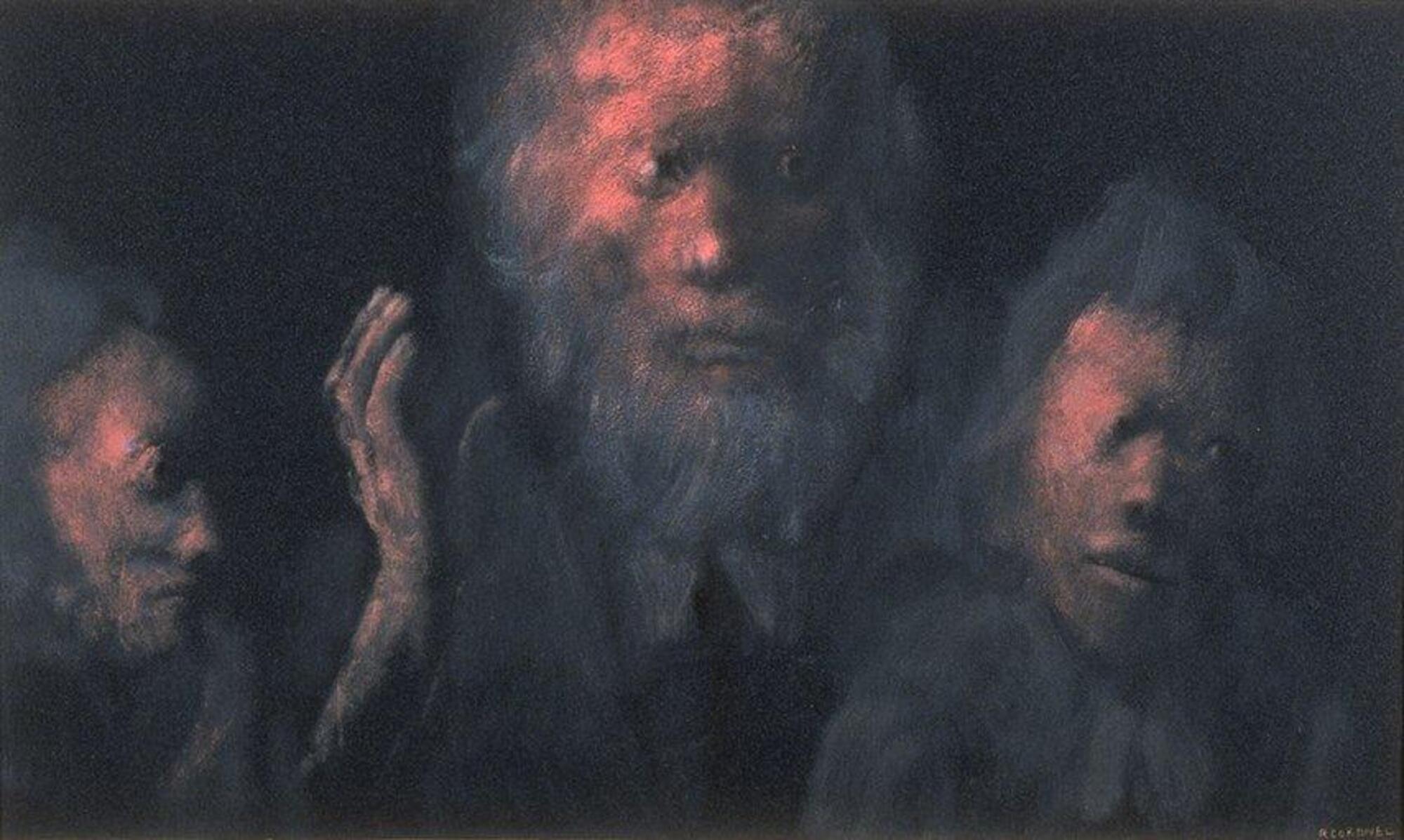 A group portrait of three figures shown from the chest up, against a black background. An older man faces forward, in the center, with gray hair and a gray beard. The person to his right faces and stares intently at him. The person to his left appears younger, has tousled hair and gazes off to the side.