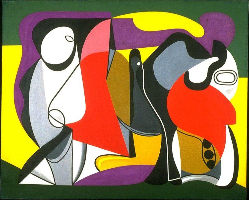 This painting has a series of flat, colorful, overlapping geometric and biomorphic abstract forms in greens, yellows, purple, reds, black, grey, and white. The painting is signed in black (l.l.) "herbin".
