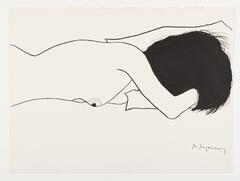 An image of a nude woman laying on her stomach, visible from the mid-section up, with her hair covering her face.