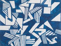 A multitude of geometric shapes in blue and white, mostly triangles and rectangles.