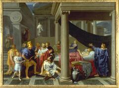 In the foreground, a group of several figures, dressed in graeco-roman clothing, surround a man lying in bed. The setting has classical architectural components such as columns and pediments and a large stone sundial in the upper left corner. The figures are painted in bright colors (blue, white, gold and red) but the rest of the composition is painted in muted colors (gray, brown, dark green). Most figures are gazing up at the sundial.