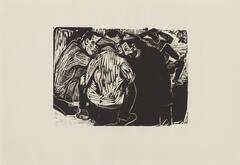 This woodblock print depicts four men huddled in a circle in the foreground and another with his hands behind his head in the background. 
