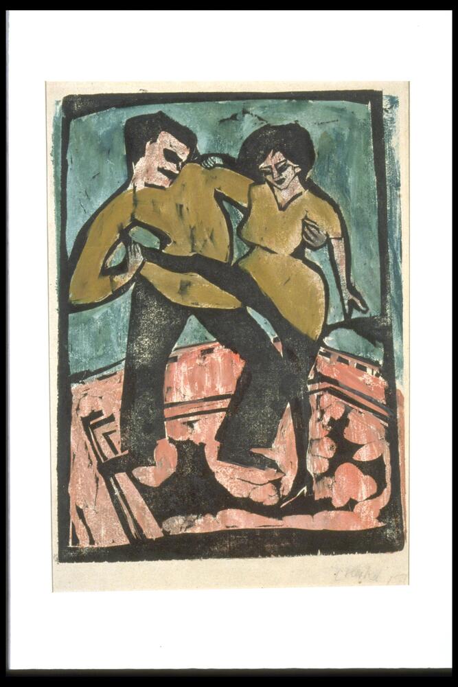 In this print, we see a male and female acrobat with brown shirts and dark pants. The floor is red and the background is blue. 