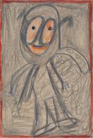 This drawing has a red colored border and an image of a person drawn in blue pencil with orange eyes and mouth. There are antennae/ears coming out of both sides of his head. In the background, there are grey crayon in swirled patterns throughout.