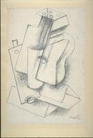 This drawing shows a few musical instruments abstracted in a cubist way. The largest and central instrument seems to be a guitar while below and to the left, behind the guitar, there seems to be a flute-like piece.