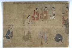 Six courtesans are sitting in a separate room, each in a different kimono while four samurais stand outside the room. There is another man that is carrying supplies on his back.