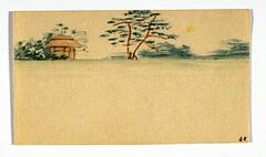 This is a drawing of a landscape. On the left here are green plants in the distance and a brown hut, near the center there is a tree with green leaves, and on the right there is a yellow sun overhead. This drawing is on tan paper.